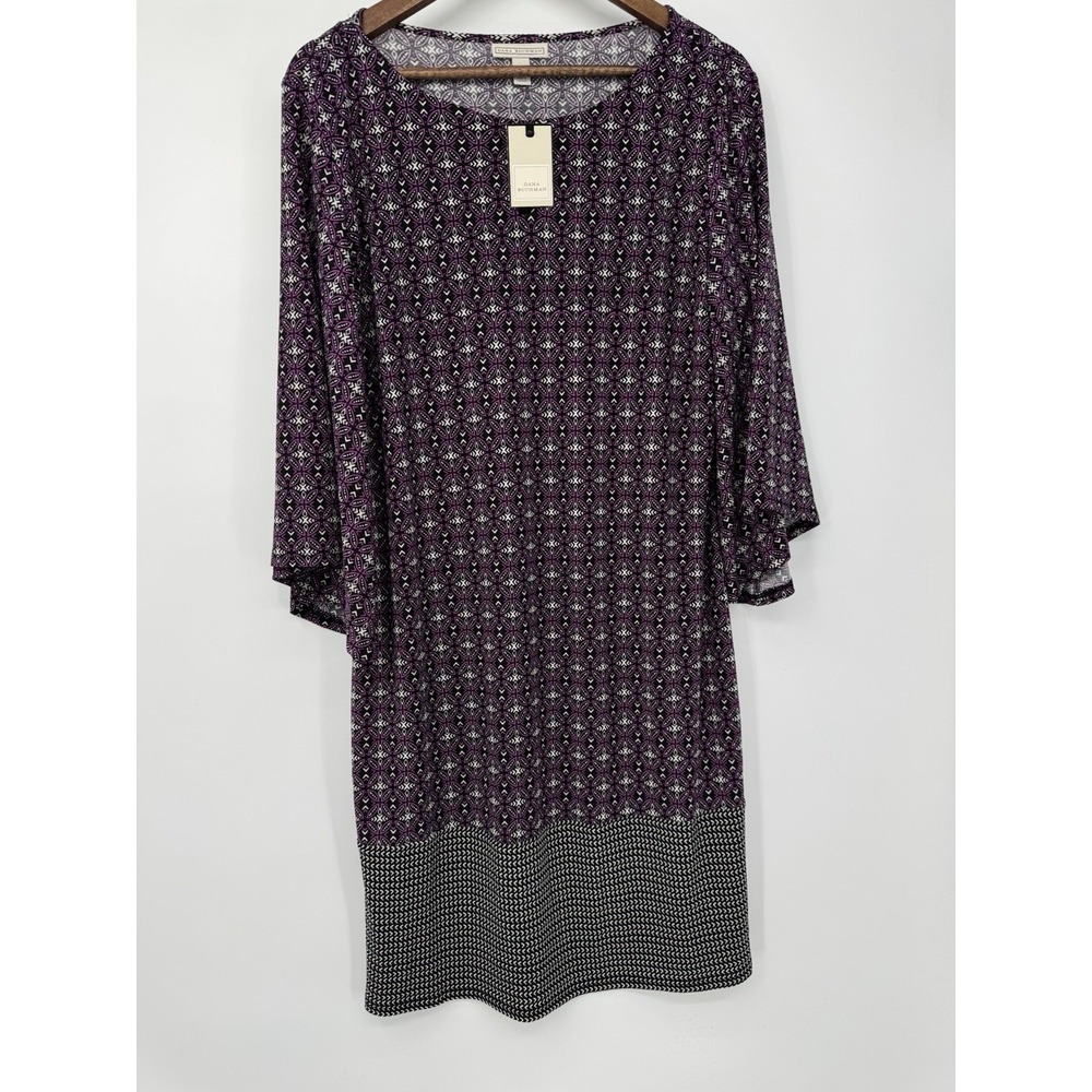 Dana Buchman Women's Purple Boho Geo Print Shift Dressโ 3/4 Sleeve Contrast Hem